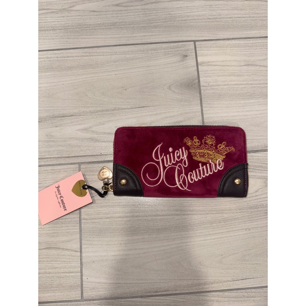 NWT Juicy Couture Plum Berry Velour Zip Around Wallet Gold Crown Logo